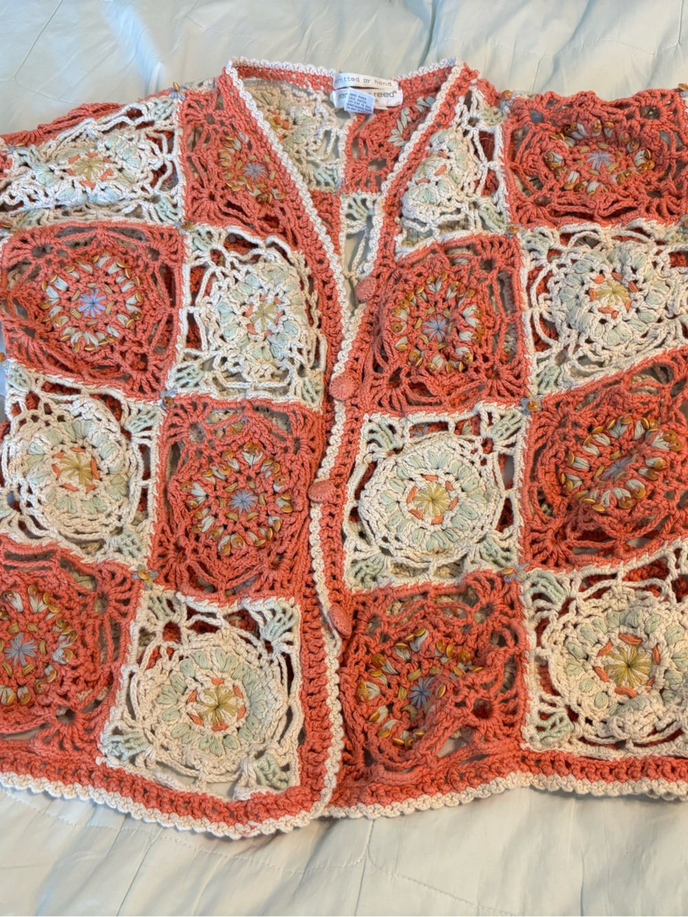 Y2K Jennifer Reed Handmade Coral and Cream Crochet Cardigan Sweater -